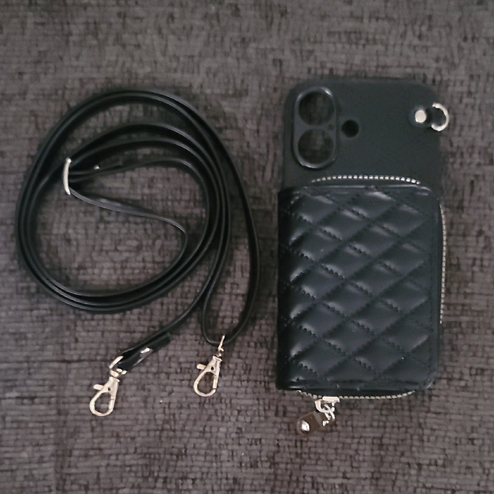 Elegant Black Quilted Phone Case with Strap - Picture 2 of 7